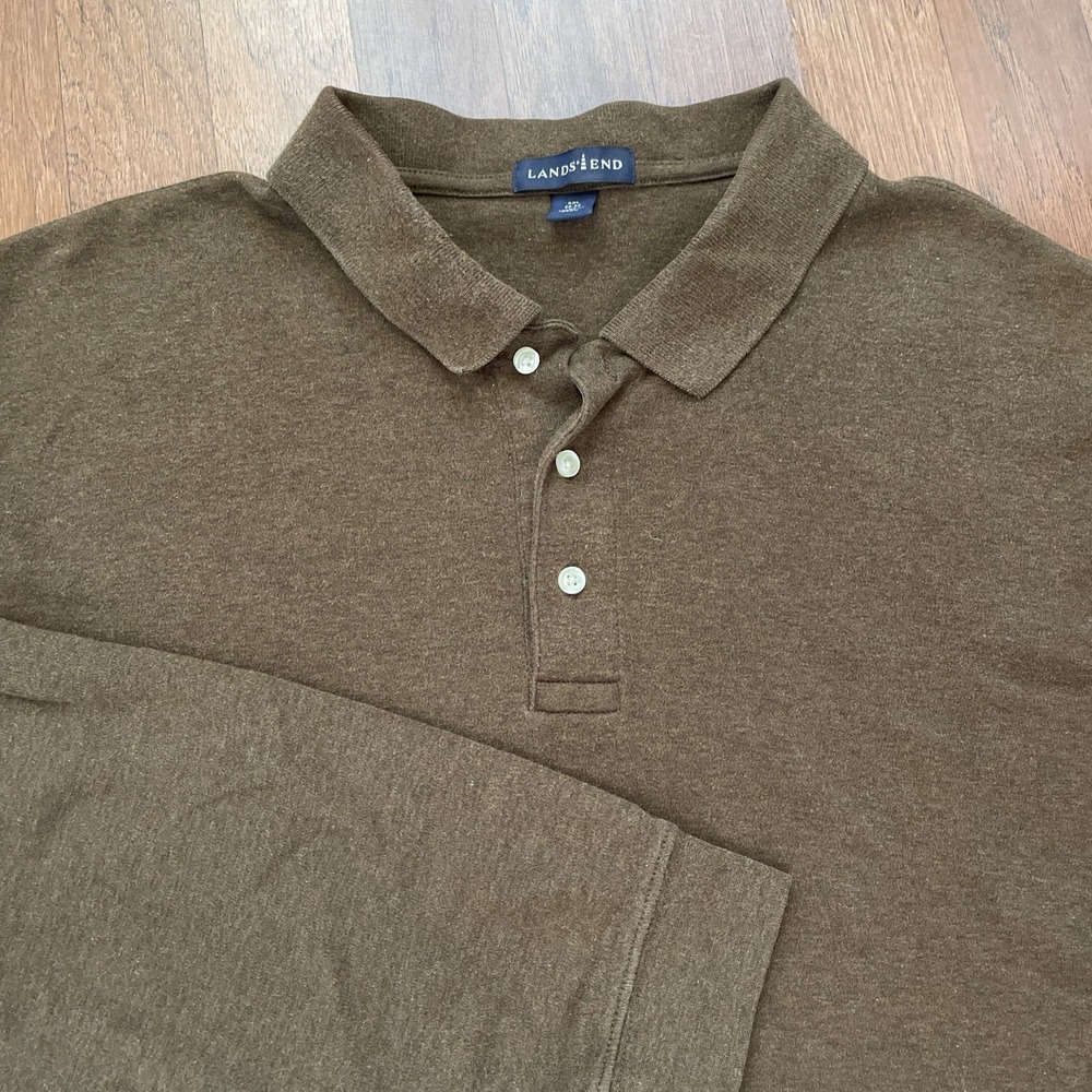 Lands End Supima Cotton Long Sleeve Polo Shirt Men's XXL Brown